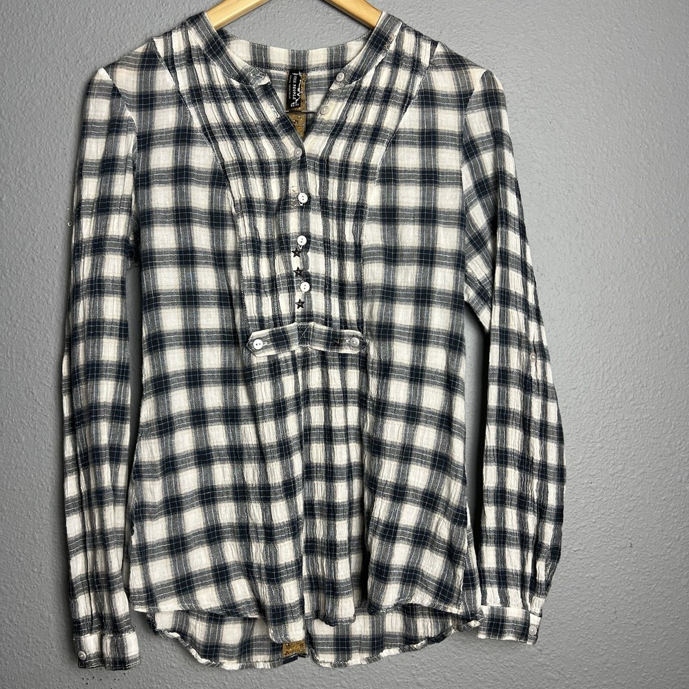 Free People‎ Tunic XS Black Cotton Plaid Country Chic Preppy Shirt Button Blue